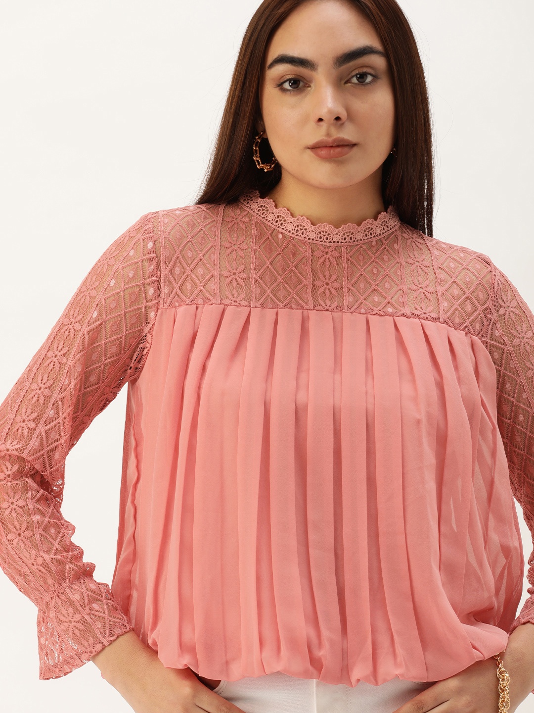 

SHECZZAR Women Peach-Coloured Solid Lace Detail Blouson Top