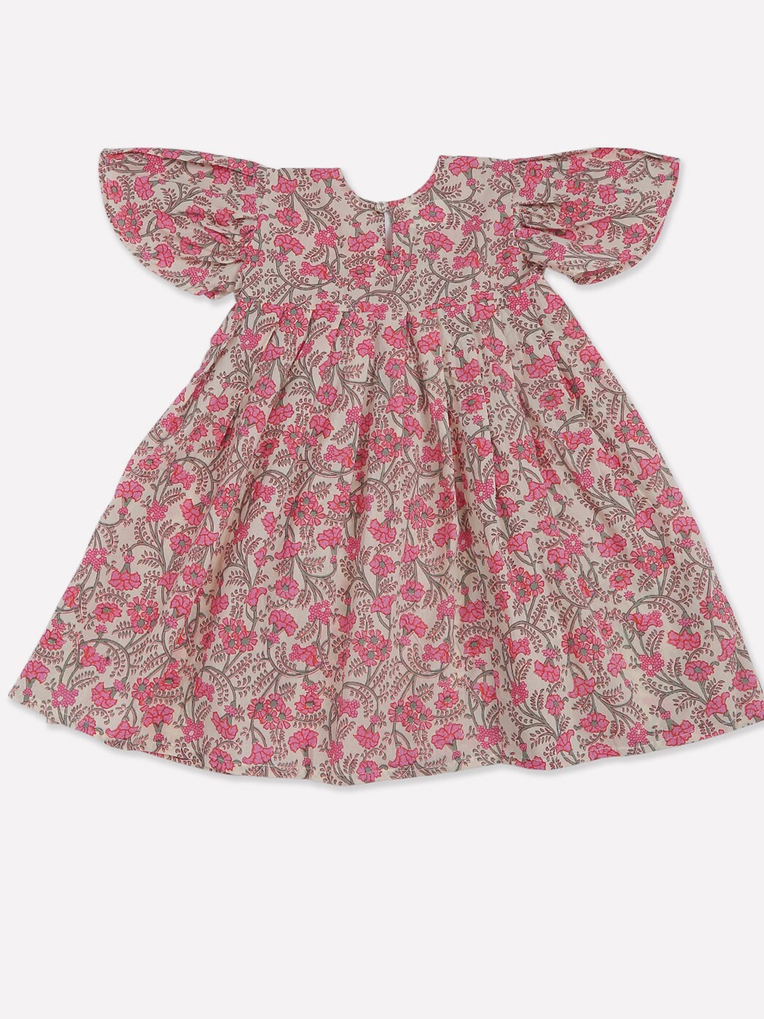 

CUTE LEMONS Girls Pink & Cream-Coloured Floral Round Neck Cotton Fit & Flare Dress