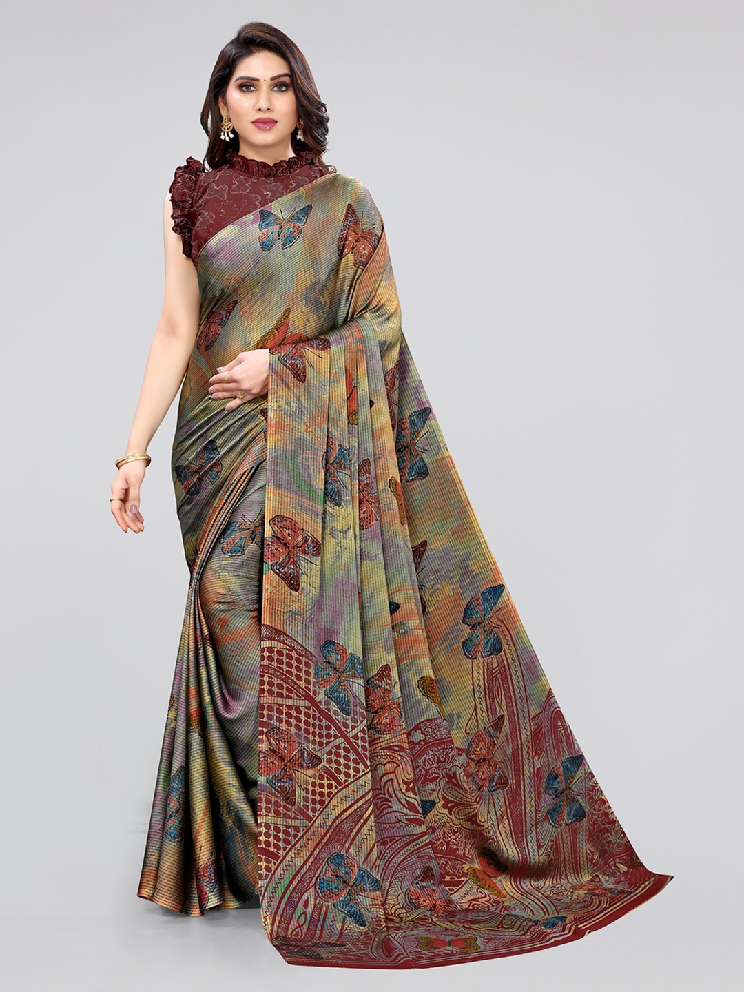 

KALINI Maroon & Blue Floral Printed Bagh Saree