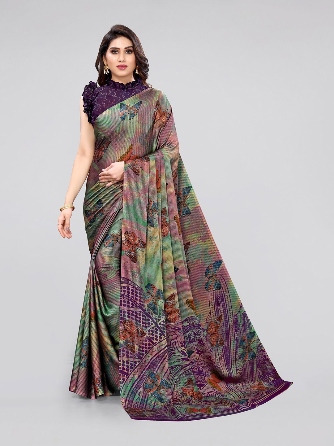 

KALINI Purple & Green Ethnic Motifs Bagh Chiffon Saree