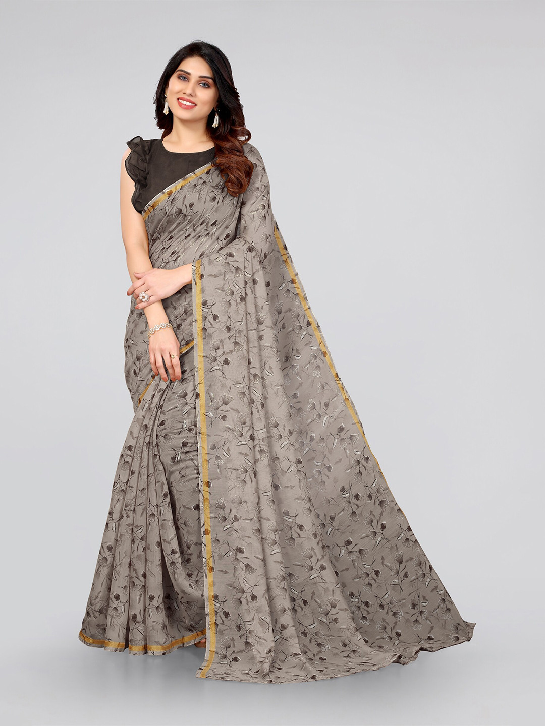 

KALINI Coffee Brown & Gold-Toned Floral Bagh Saree