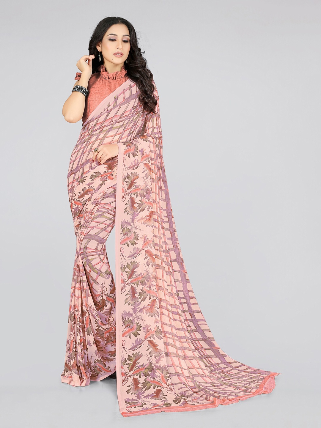 

KALINI Peach-Coloured & Purple Checked Bagh Saree