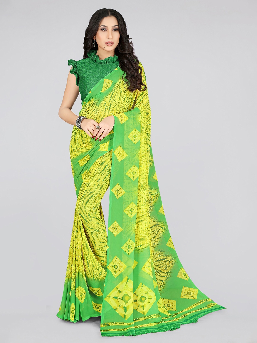 

KALINI Yellow & Green Tie and Dye Bandhani Saree