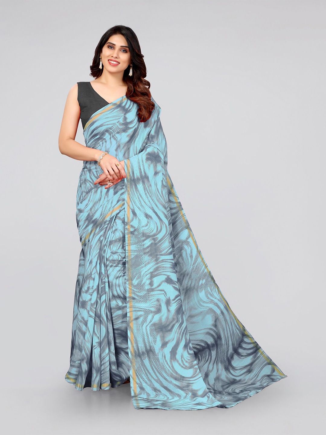 

KALINI Turquoise Blue & Grey Tie and Dye Zari Cotton Saree