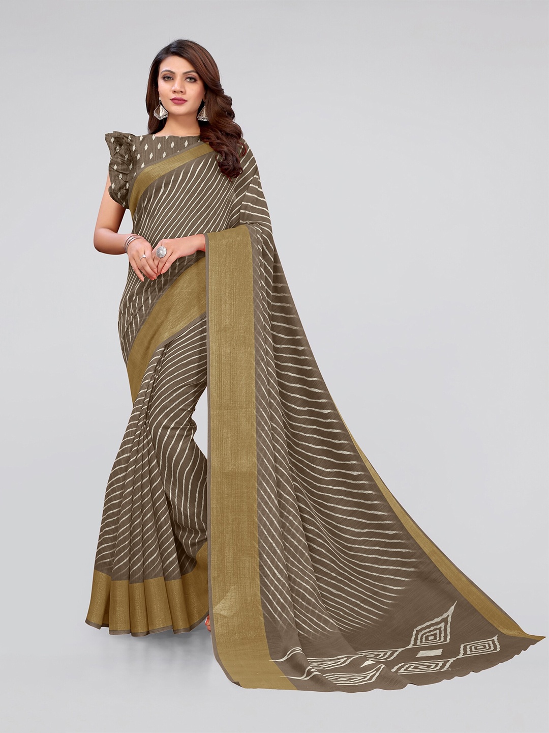 

KALINI Coffee Brown & White Leheriya Printed Saree
