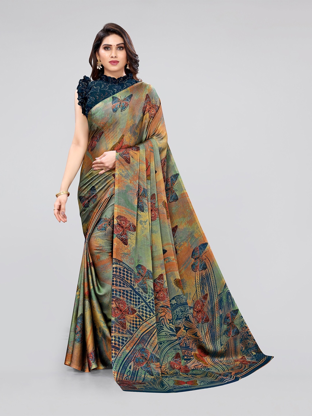 

KALINI Orange & Blue Ethnic Motifs Bagh Chiffon Saree