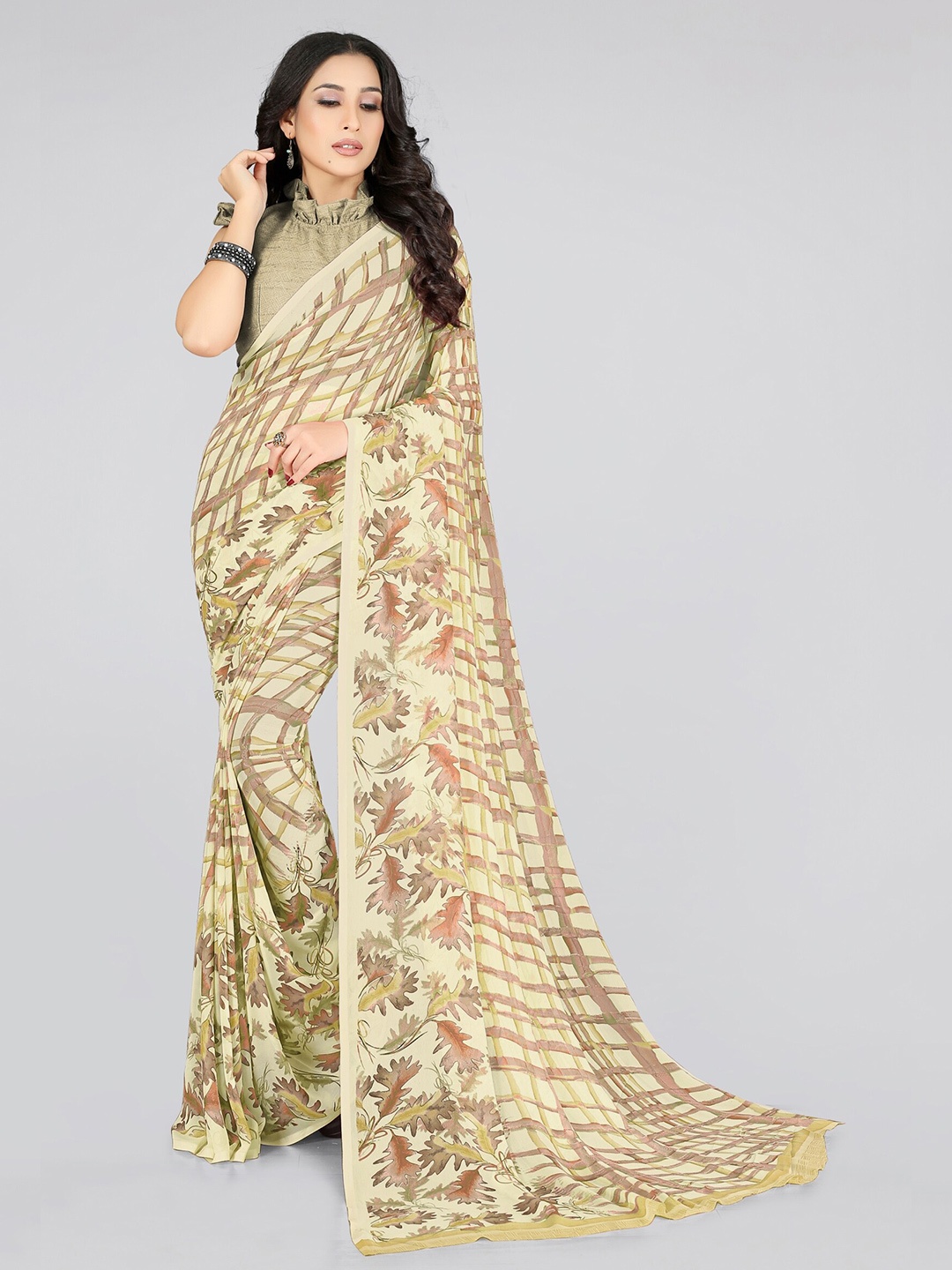 

KALINI Cream-Coloured & Green Checked Bagh Saree