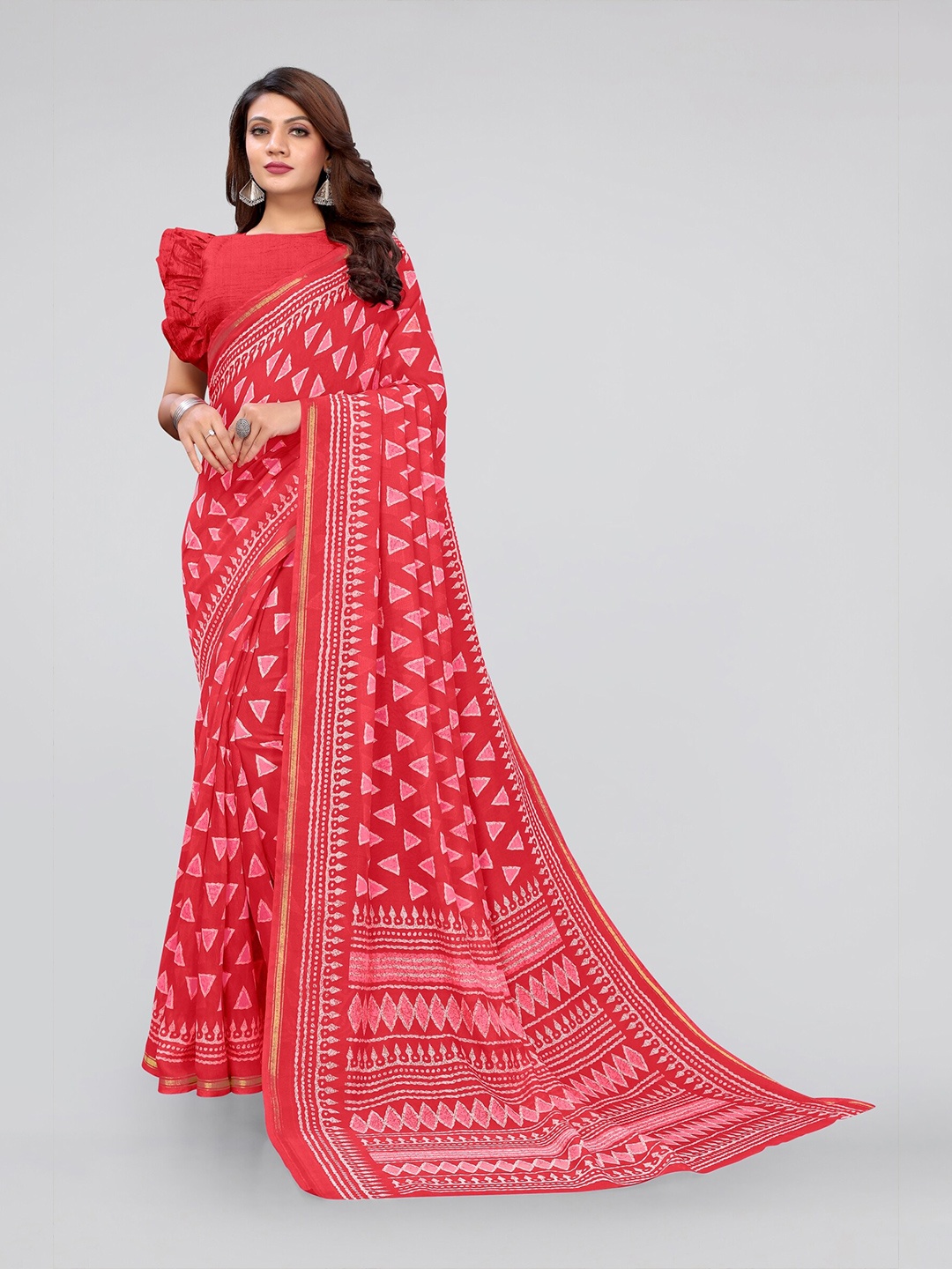 

KALINI Red & Gold Batik Printed Block Saree