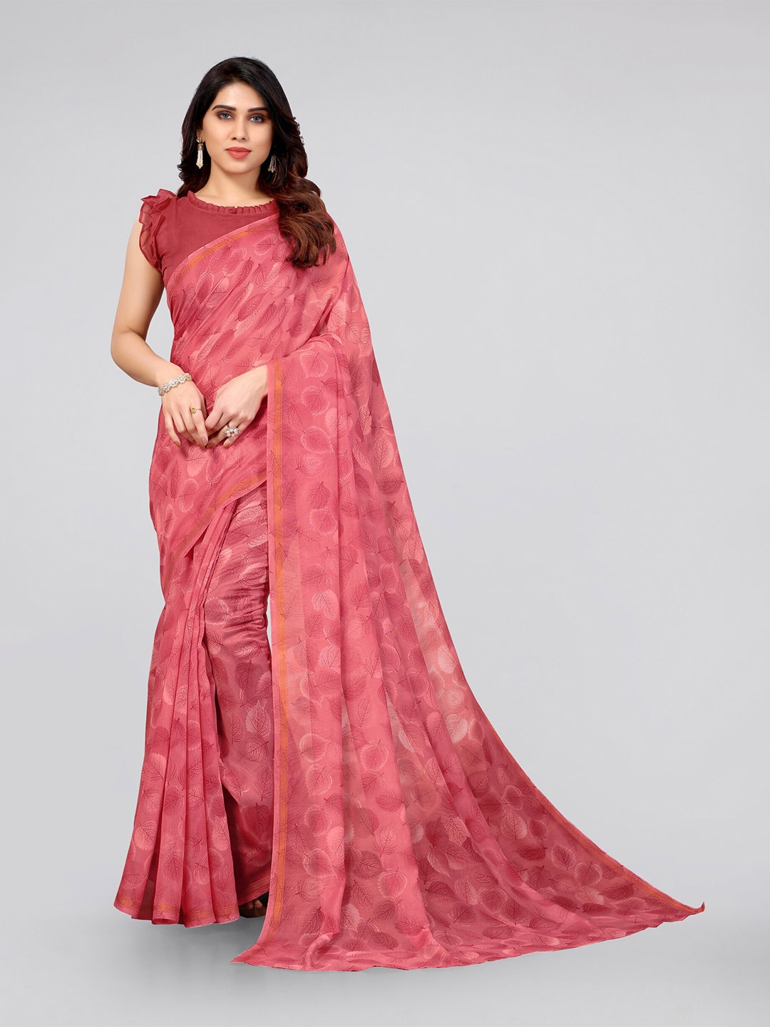 

KALINI Pink & Gold-Toned Floral Zari Block Print Cotton Saree