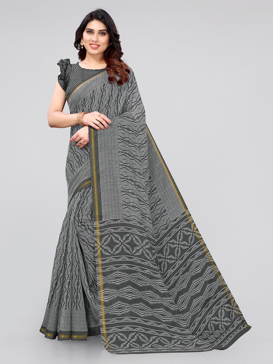 

KALINI Grey & White Printed Saree