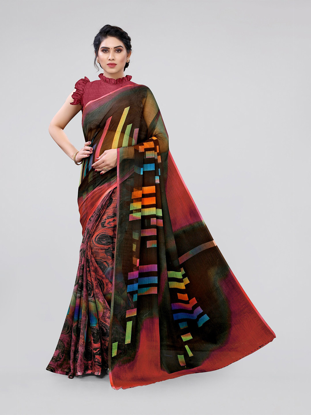

KALINI Red & Black Striped Saree