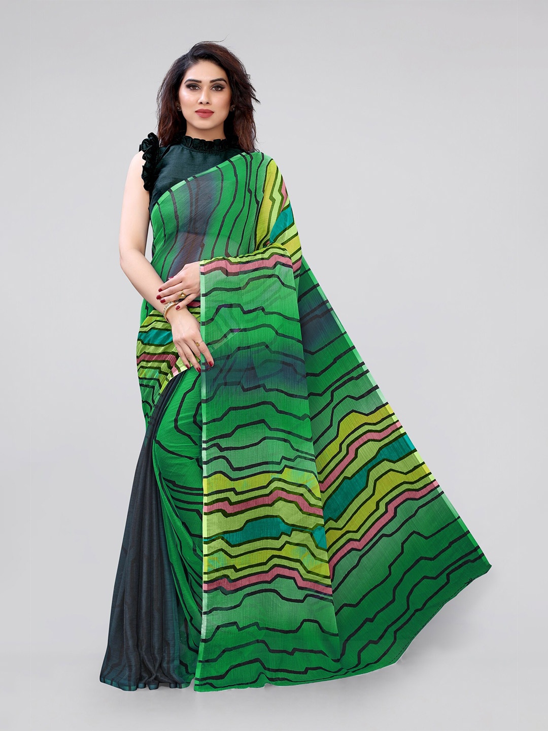 

KALINI Green & Black Striped Poly Chiffon Saree