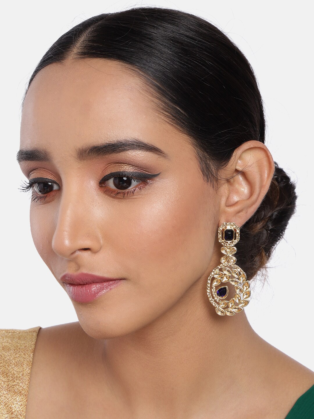 

AccessHer Gold-Plated Navy Blue Kundan Studded Classic Drop Earrings