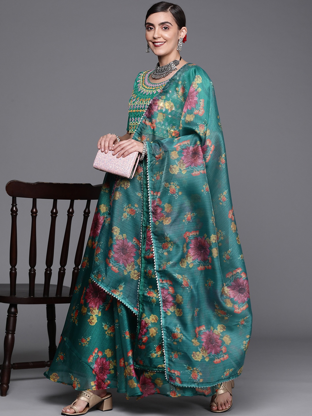 

Mitera Teal & Pink Embroidered Mirror Work Block Print Unstitched Lehenga & Blouse With Dupatta