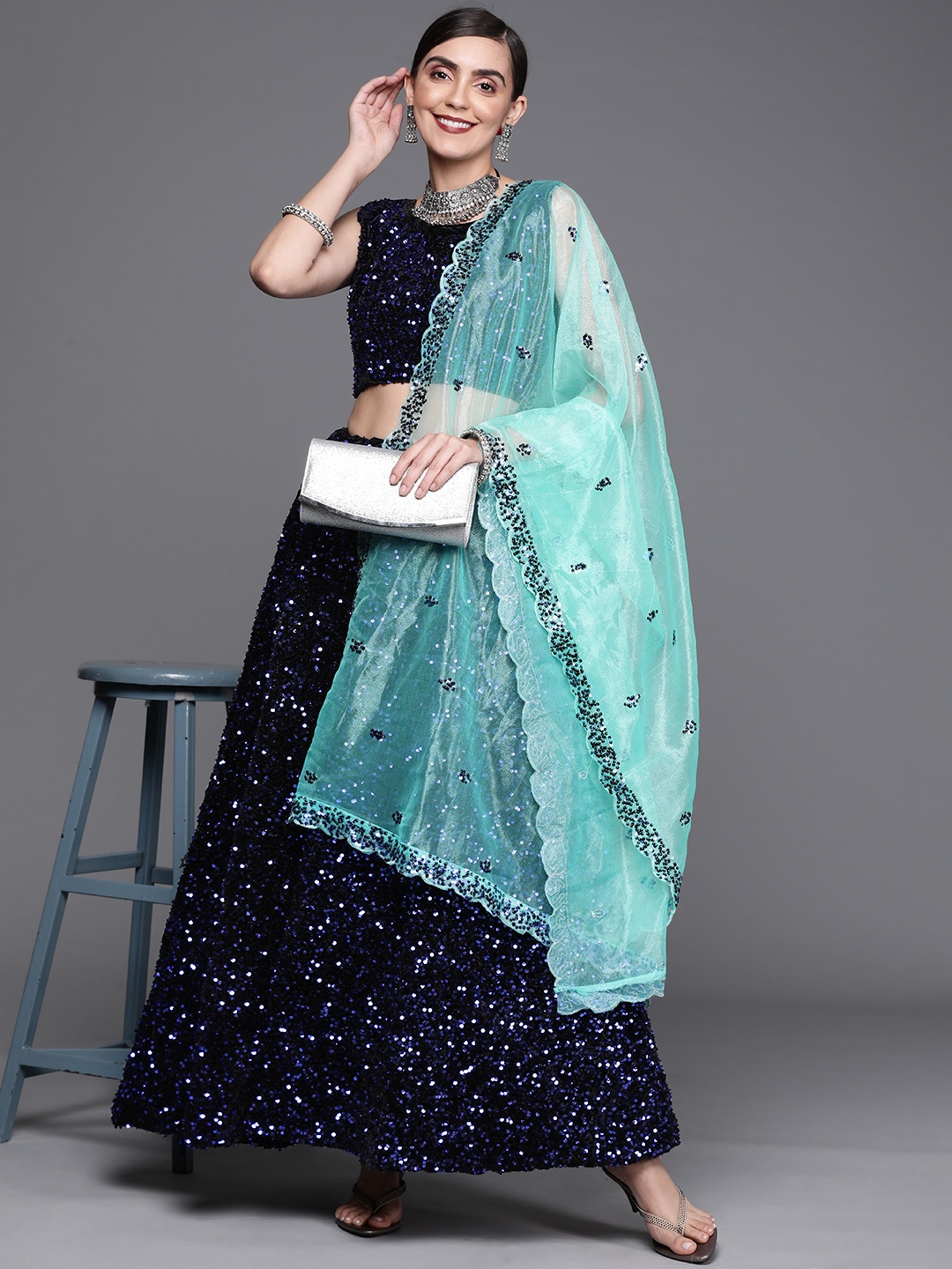 

Mitera Black & Blue Embellished Sequinned Unstitched Lehenga & Blouse With Dupatta