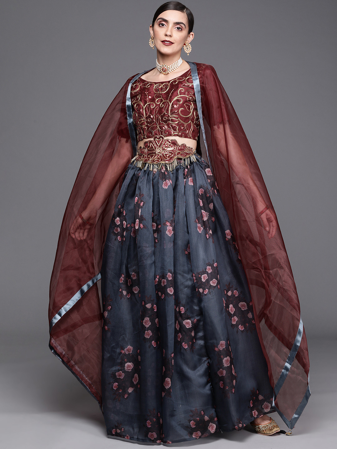 

Mitera Grey & Maroon Embroidered Unstitched Lehenga & Blouse With Dupatta
