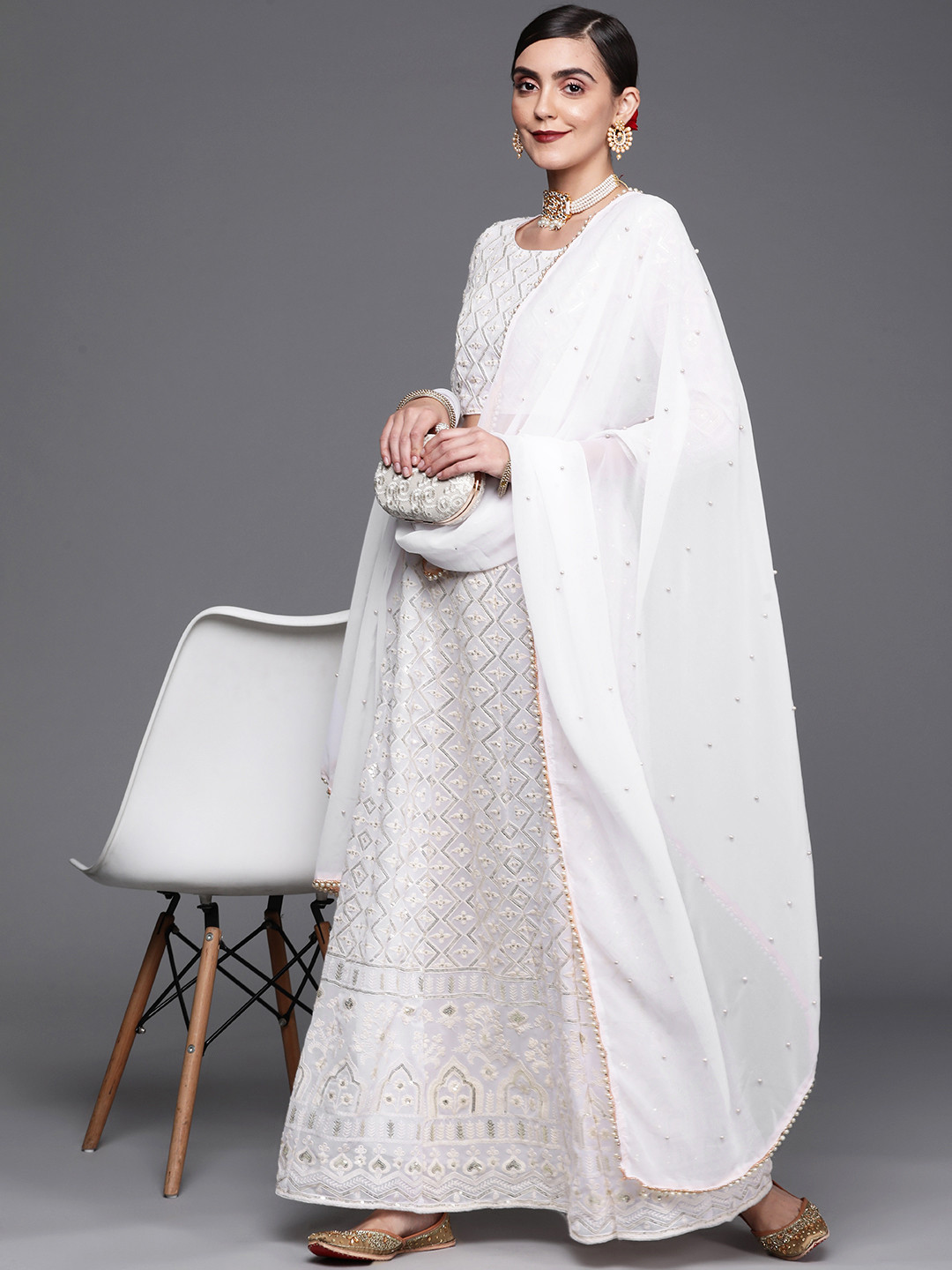 

Mitera White Embroidered Sequinned Unstitched Lehenga & Blouse With Dupatta