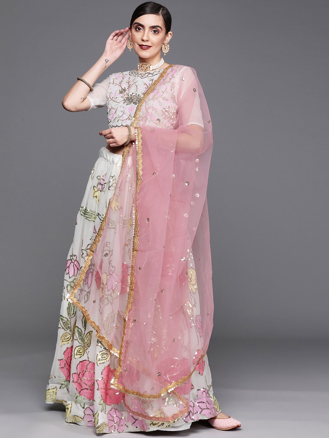 

Mitera White & Rose Embroidered Sequinned Unstitched Lehenga & Blouse With Dupatta