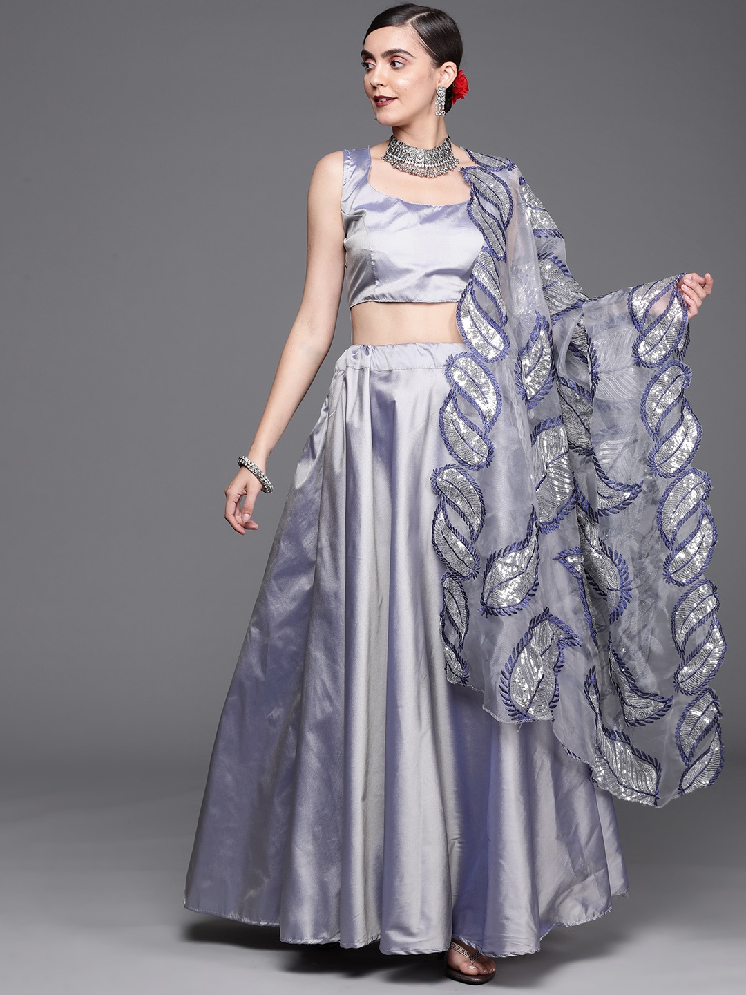 

Mitera Silver-Toned Embroidered Unstitched Lehenga & Blouse With Dupatta