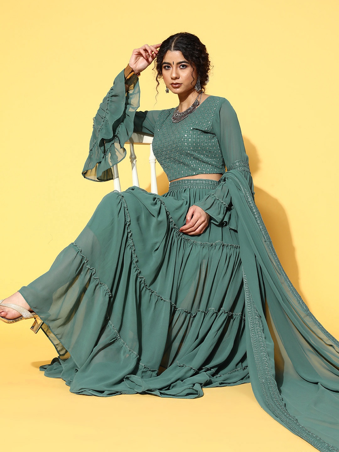 

Kvsfab Gorgeous Green Embroidered Ready to Wear Lehenga Choli with Dupatta