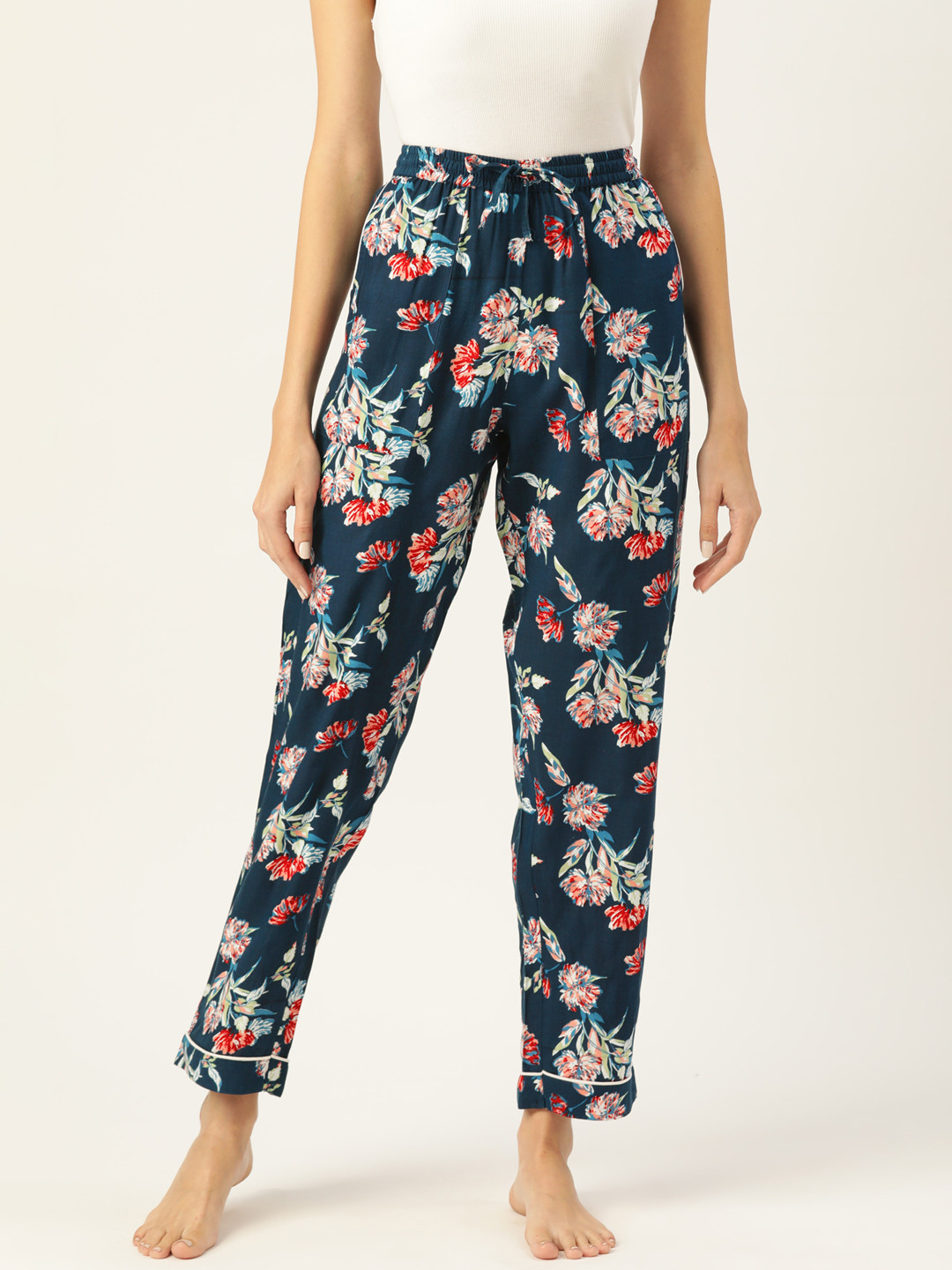 

MBeautiful Women Navy Blue & White Floral Print Lounge Pants