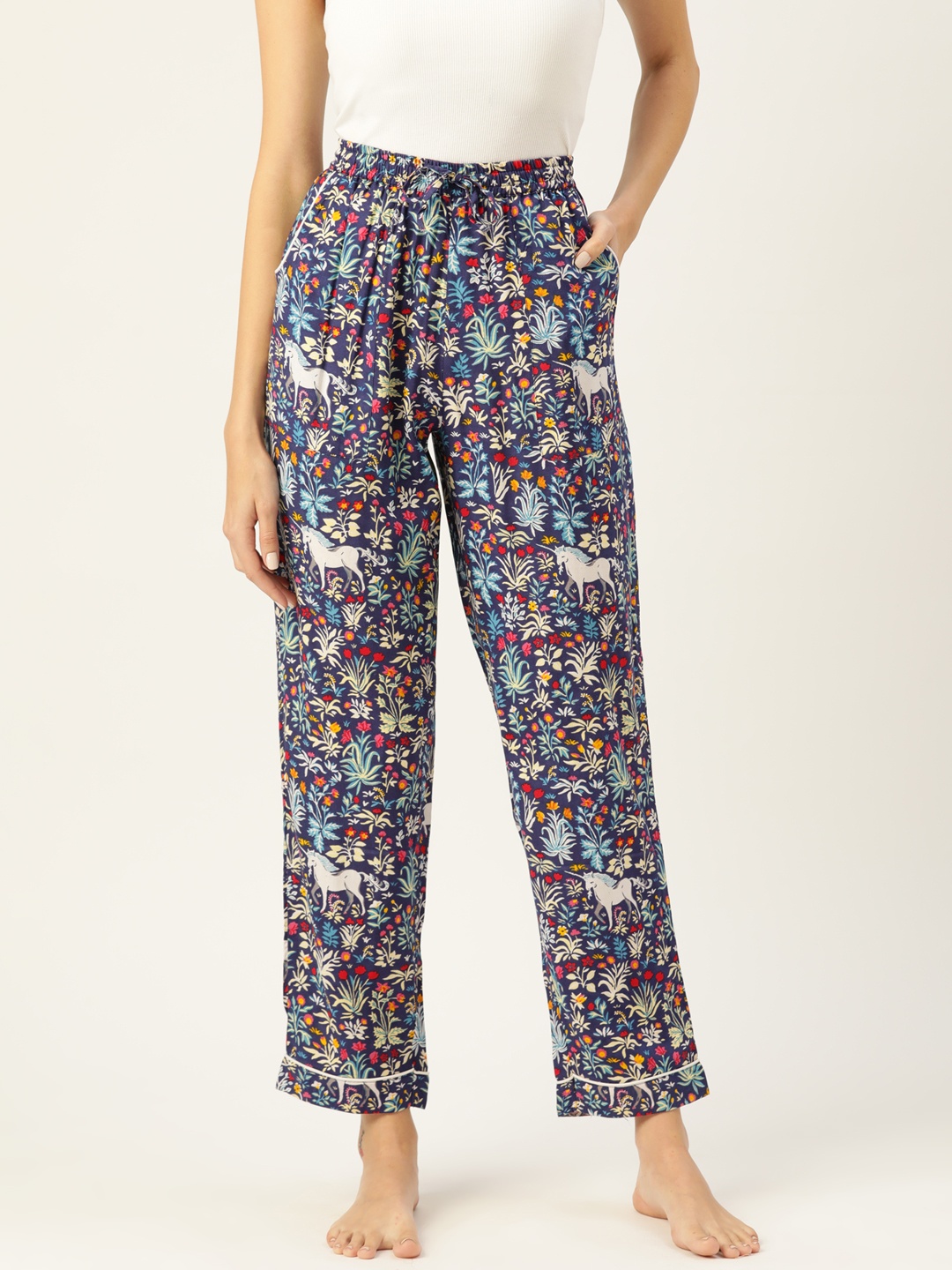 

MBeautiful Women Navy Blue & White Floral Print Lounge Pants