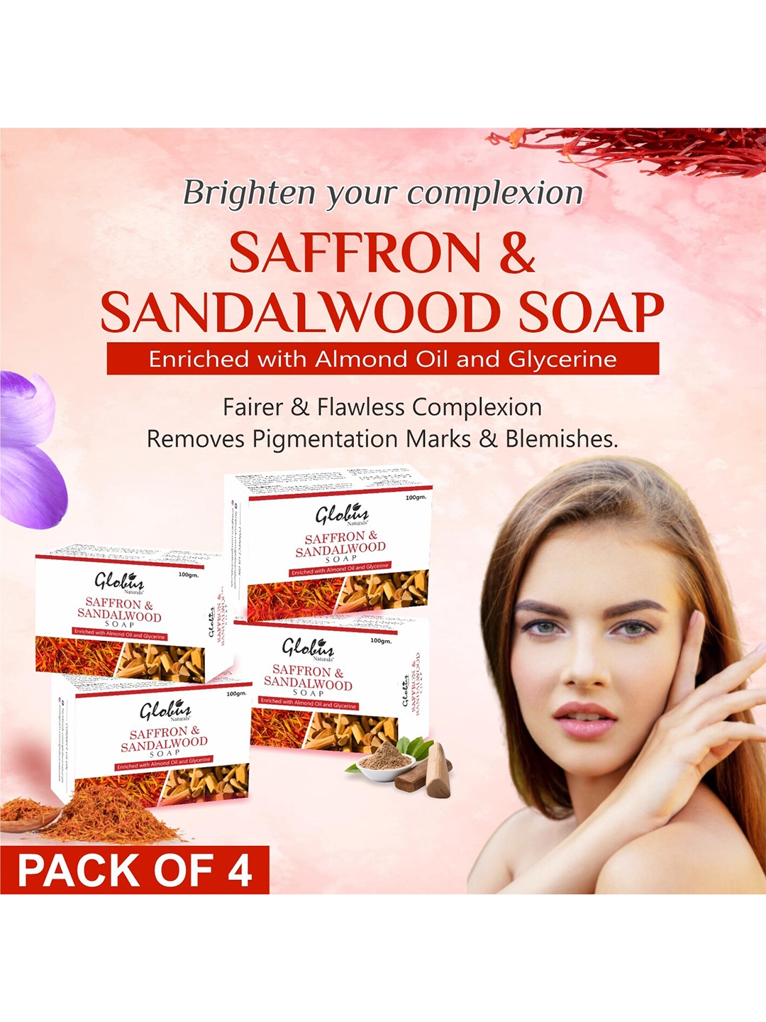 

Globus naturals Set of 4 Brightening Saffron & Sandalwood Soap 100 g each, Red