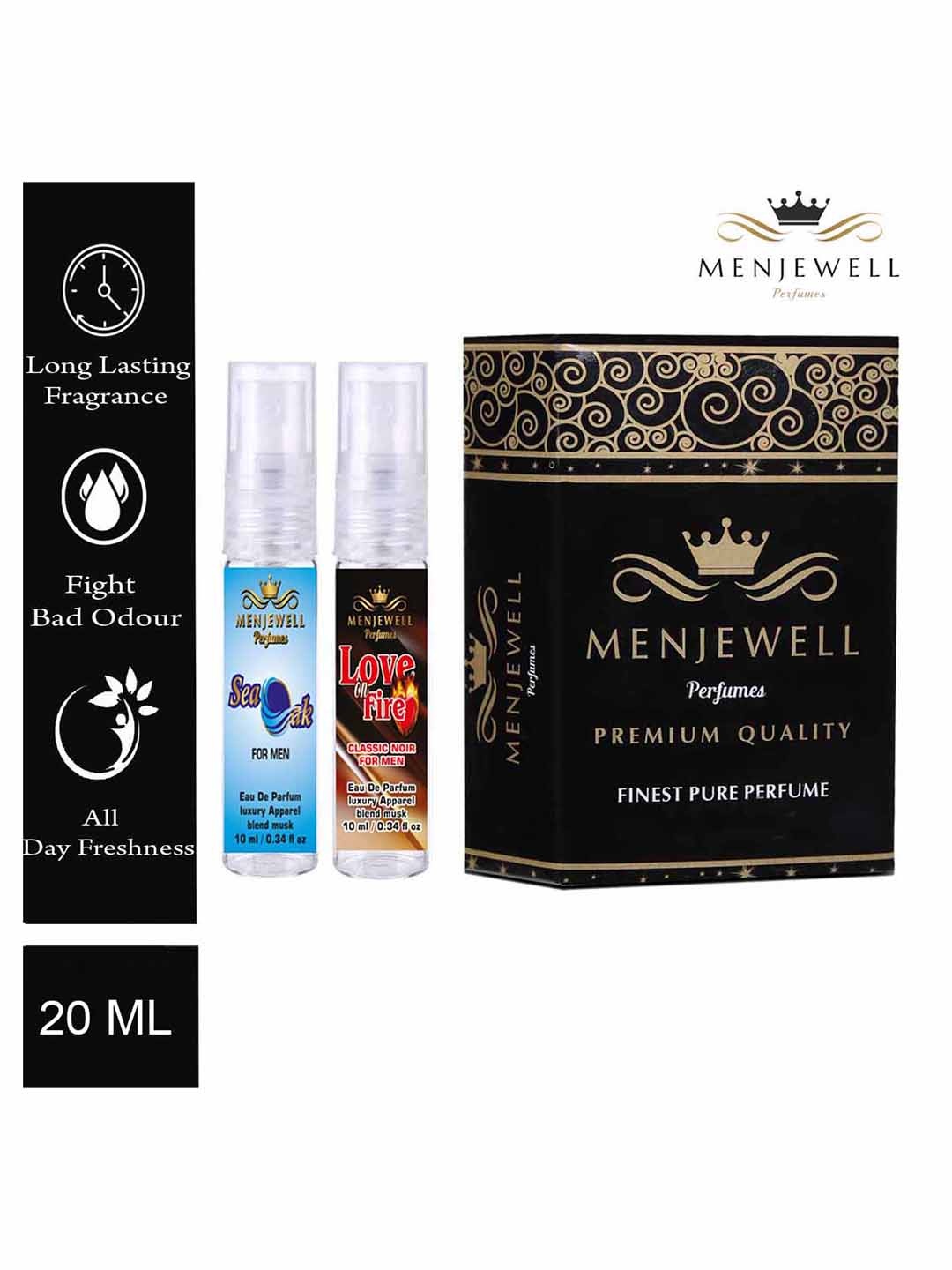 

Menjewell Men Set of 2 Eau de Parfums - Sea Oak Aqua Fresh & Love On Fire Noir - 10ml Each, Blue