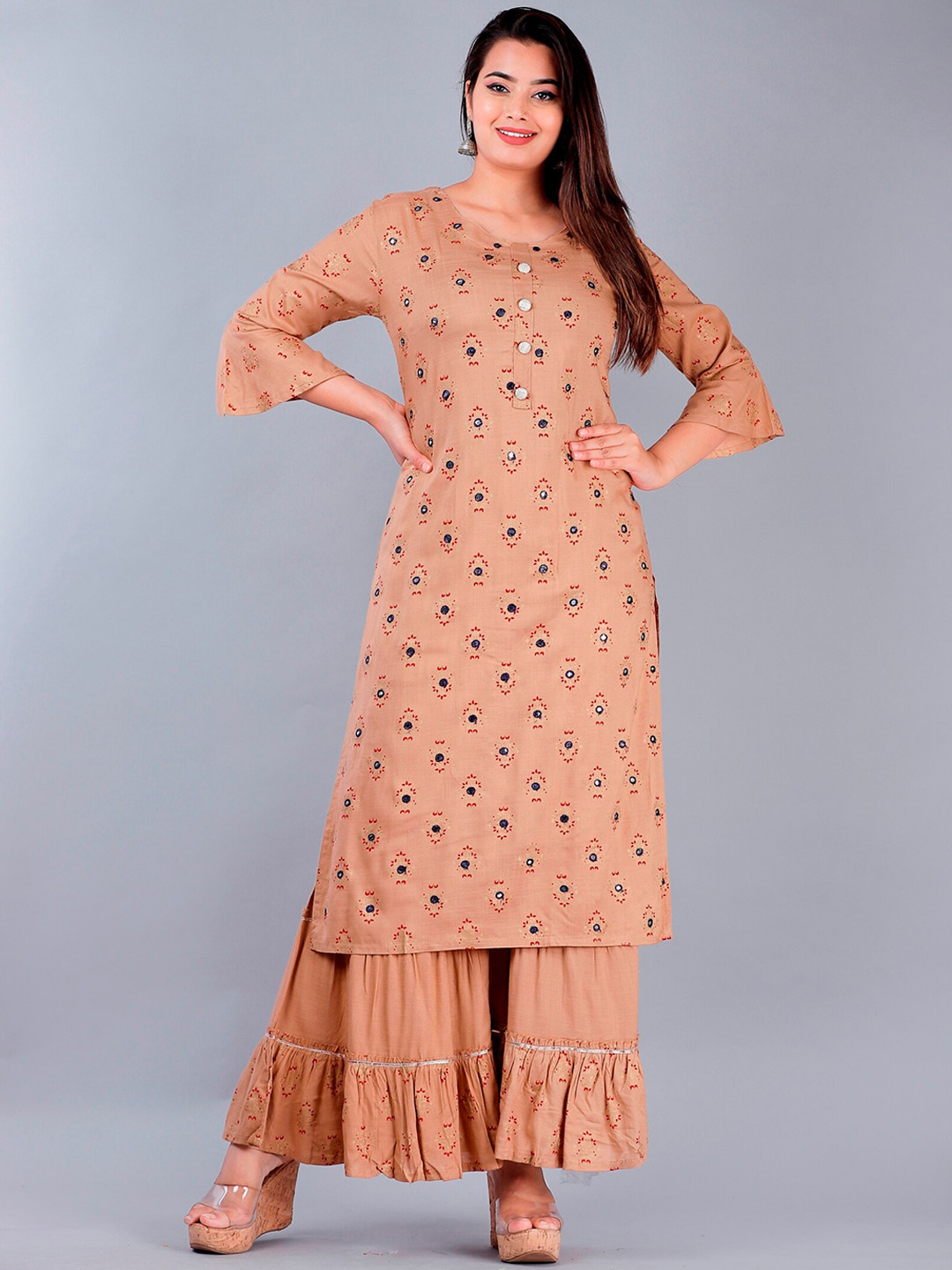 

YAVI Women Brown Ethnic Motifs Printed Straight Kurta with Skirt