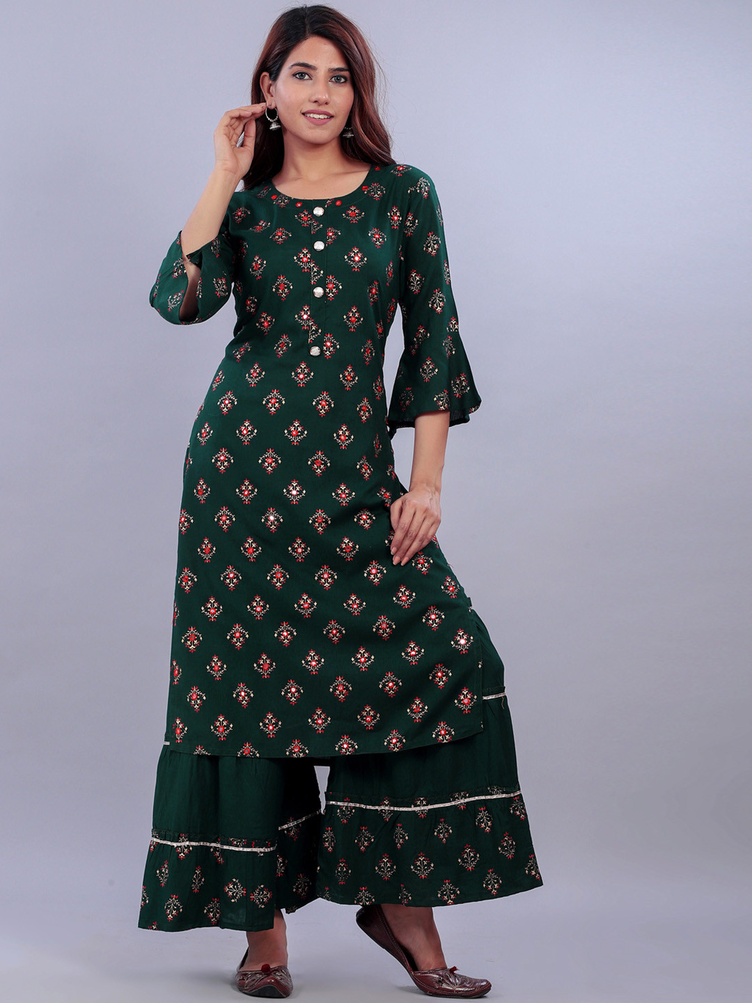 

YAVI Women Green Ethnic Motifs Printed Mirror Work Kurta with Sharara
