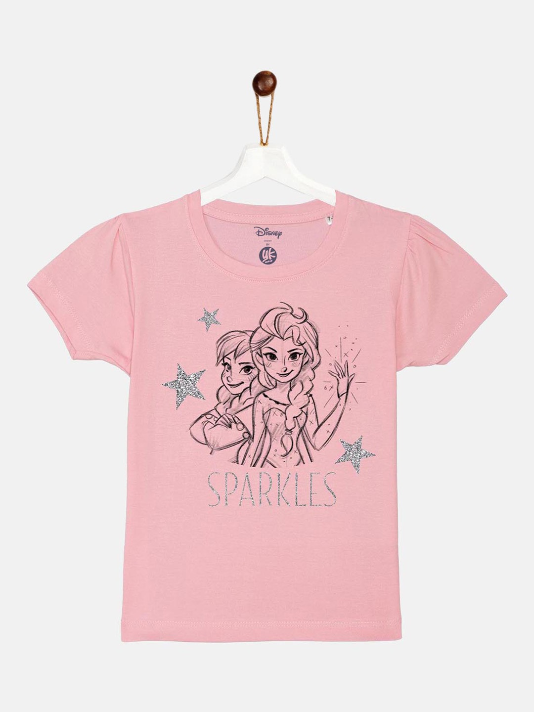 

YK Disney Girls Pink Elsa & Anna Glitter Printed Puff Sleeve Cotton T-shirt
