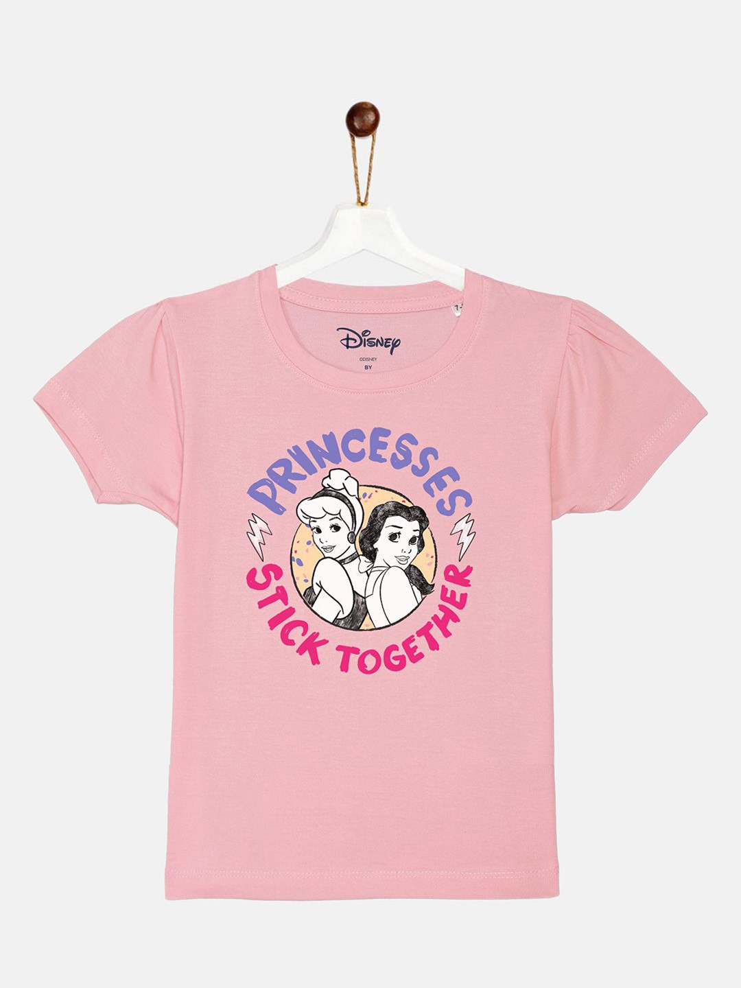 

YK Disney Girls Pink Disney Princess Printed Puff Sleeve Cotton T-shirt