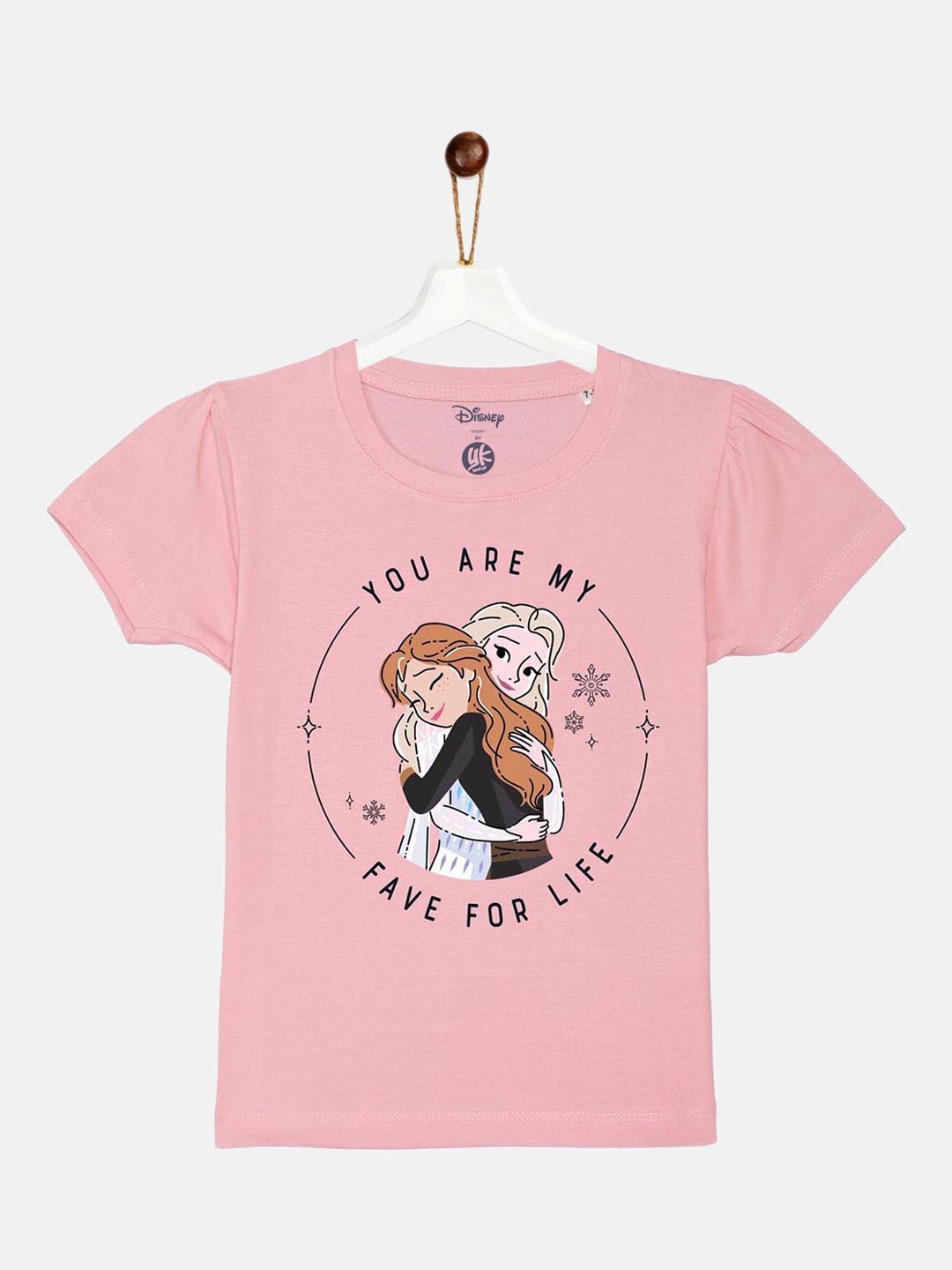 

YK Disney Girls Pink Disney Elsa and Anna Typography Printed Puff Sleeve Cotton T-shirt