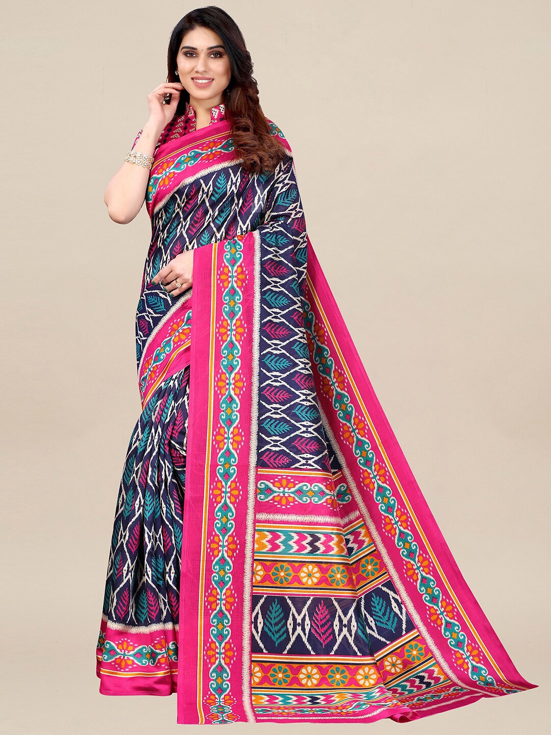 

KALINI Women Navy Blue Printed Art Silk Saree