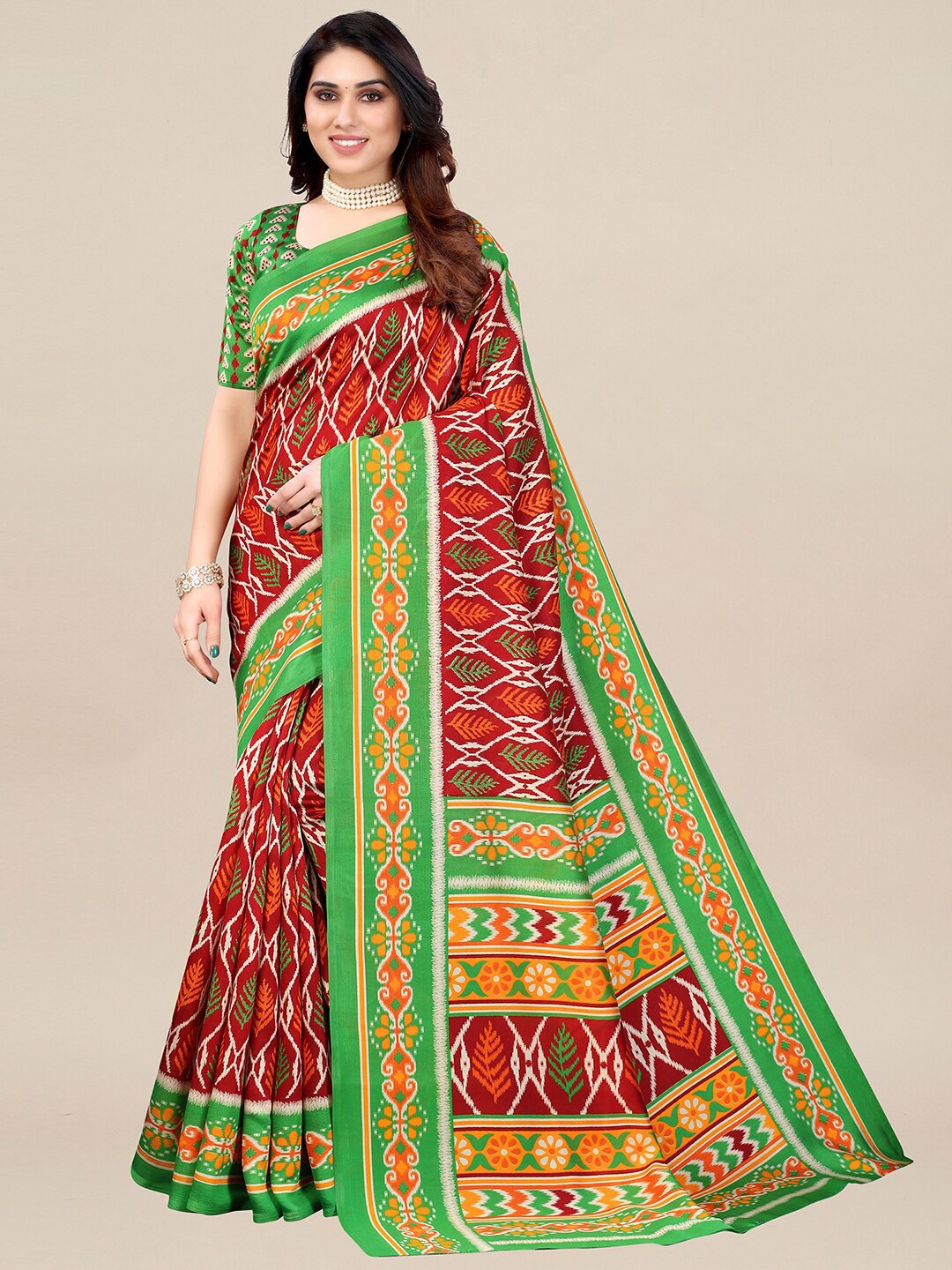 

KALINI Red & Green Ethnic Motifs Pochampally Art Silk Saree