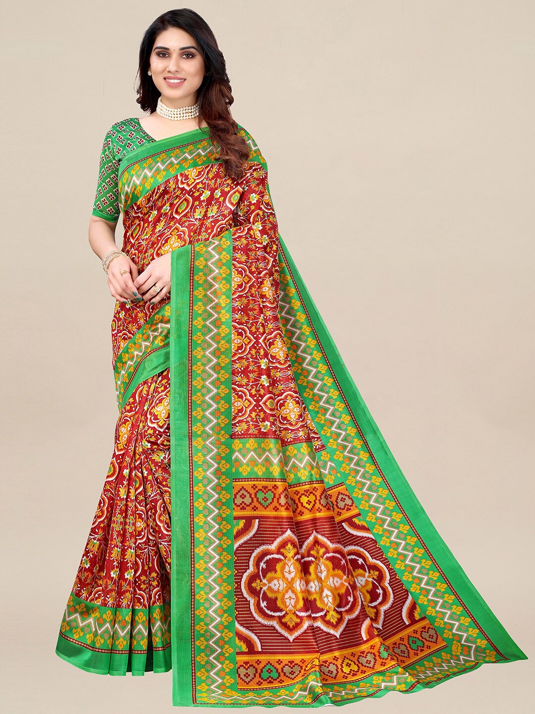 

KALINI Red & Green Ethnic Motifs Art Silk Pochampally Saree