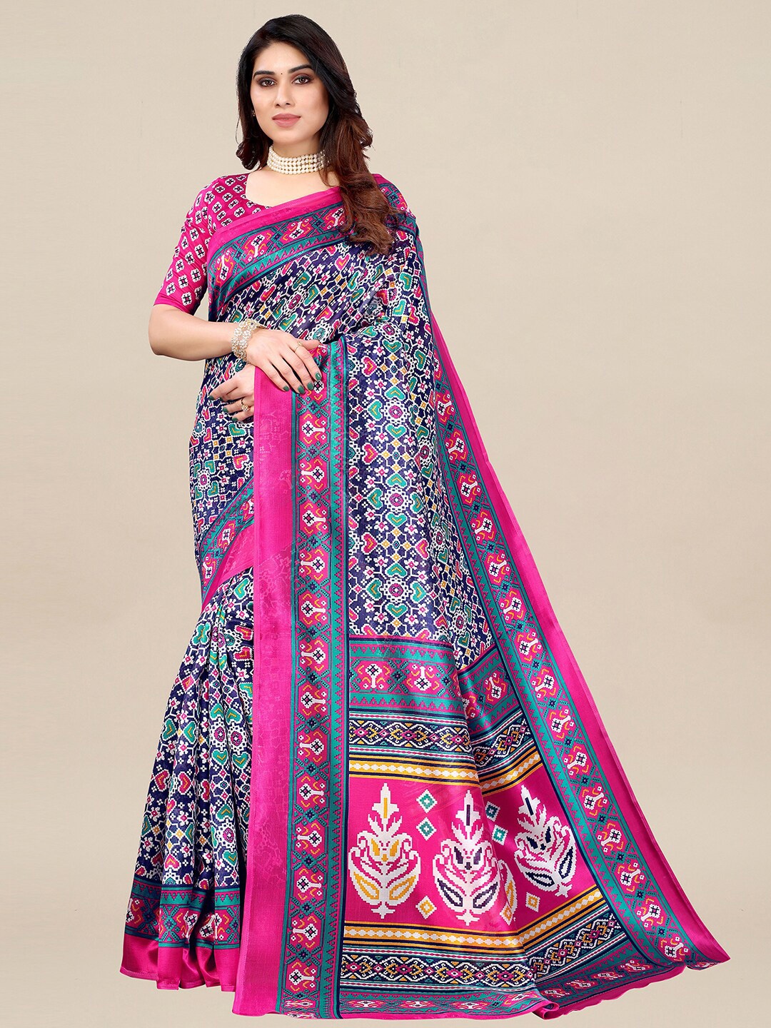 

KALINI Navy Blue & Pink Ethnic Motifs Printed Art Silk Pochampally Saree