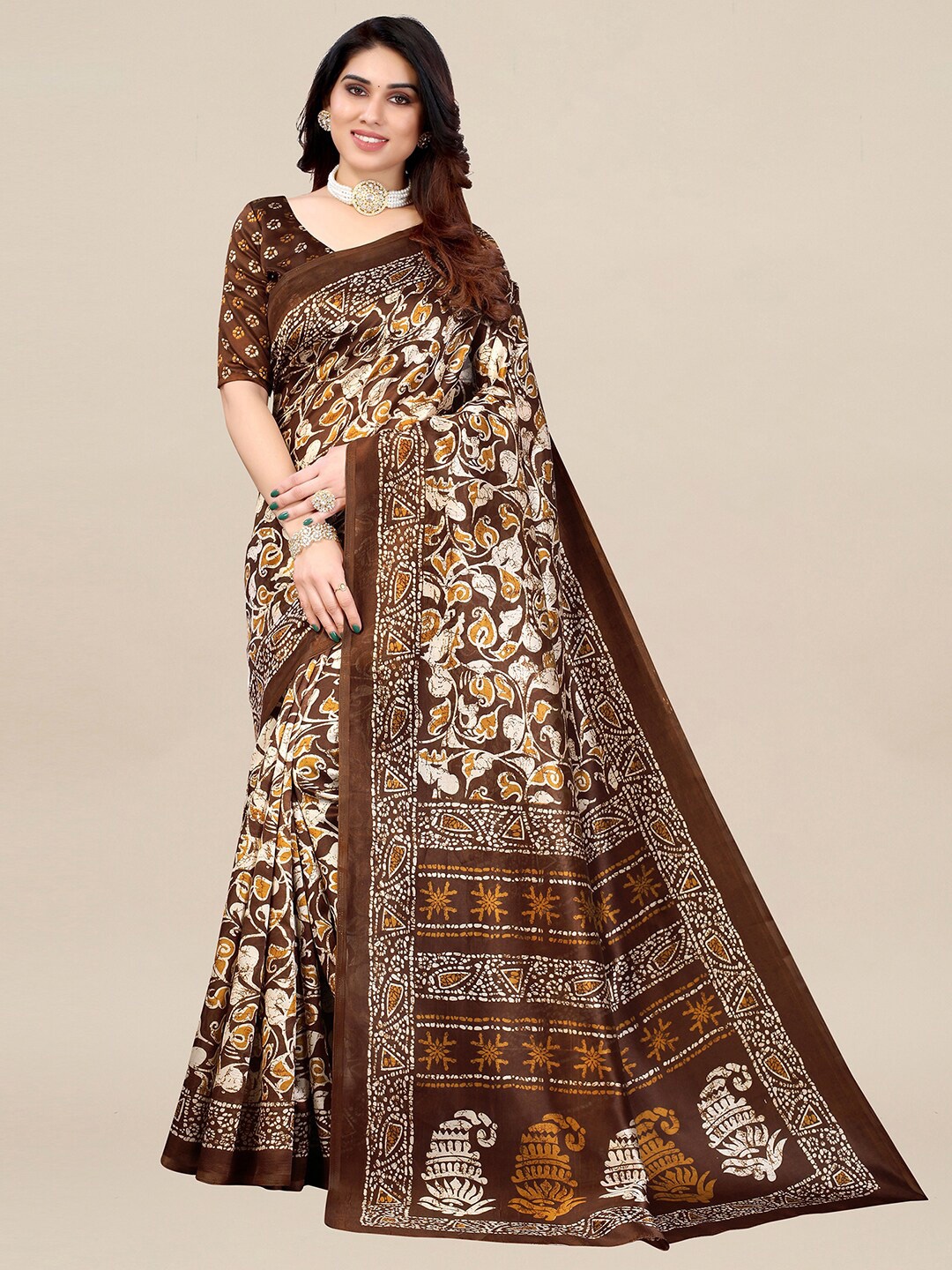 

KALINI Women Brown Printed Art Silk Saree