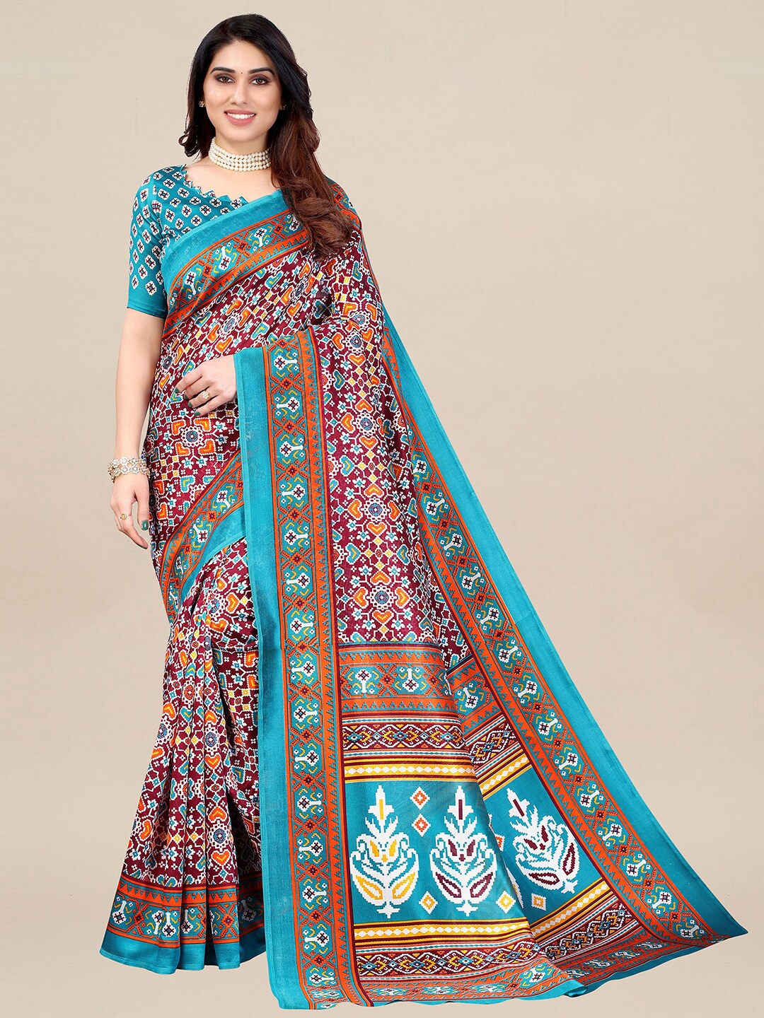 

KALINI Magenta & Blue Ethnic Motifs Art Silk Pochampally Saree