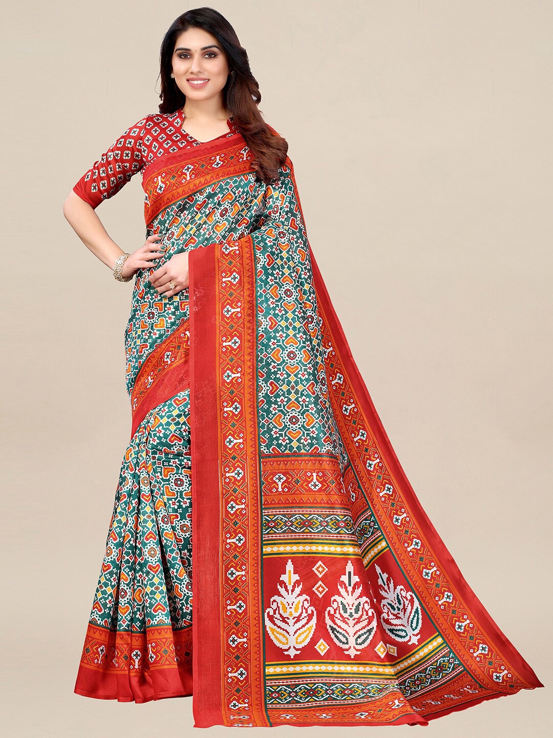 

KALINI Sea Green & Red Ethnic Motifs Printed Art Silk Pochampally Saree