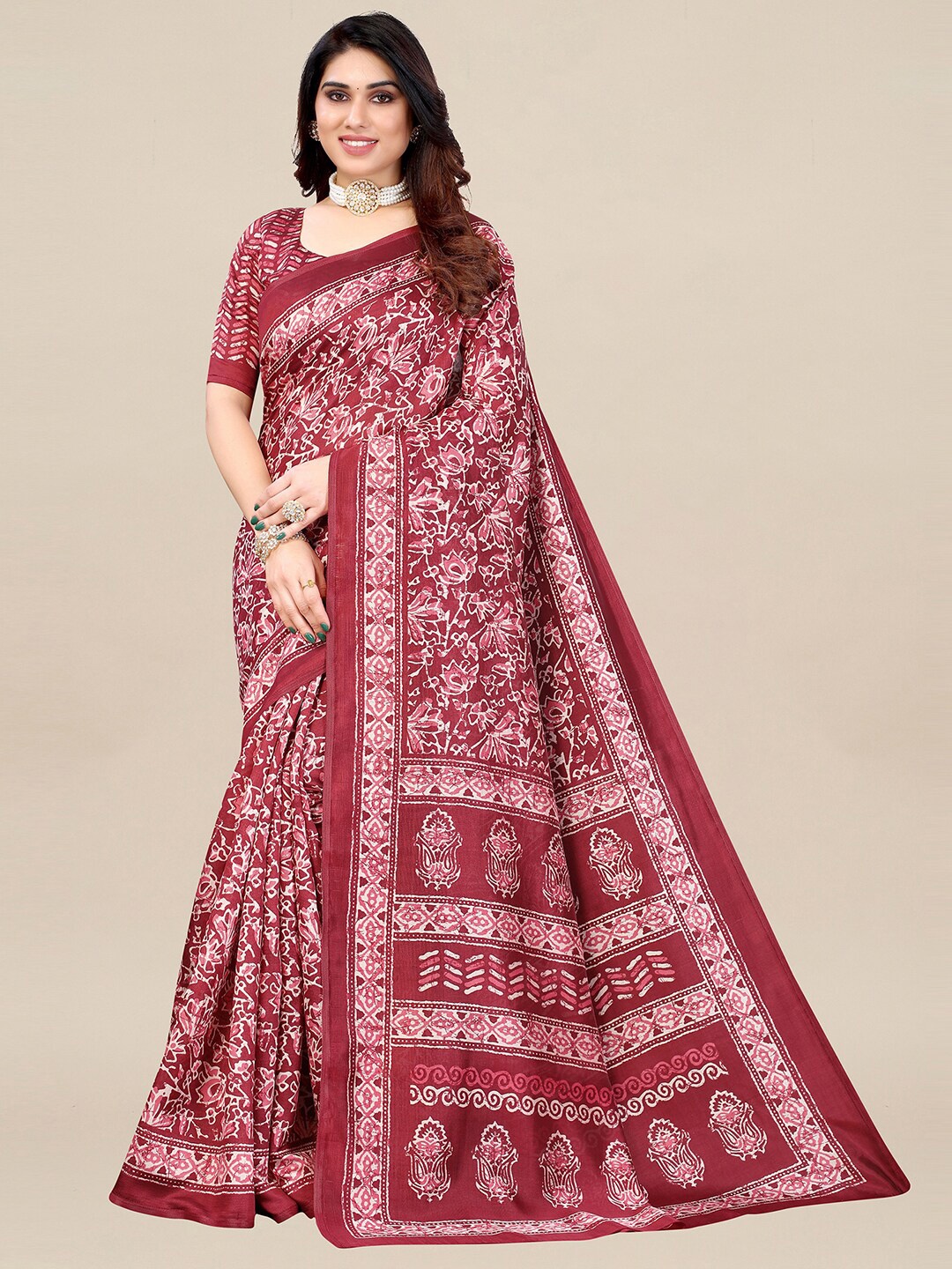 

KALINI Magenta & White Ethnic Motifs Ikat Art Silk Saree