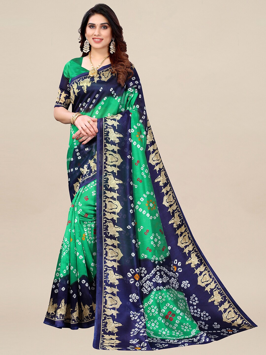 

KALINI Green & Navy Blue Bandhani Art Silk Bandhani Saree