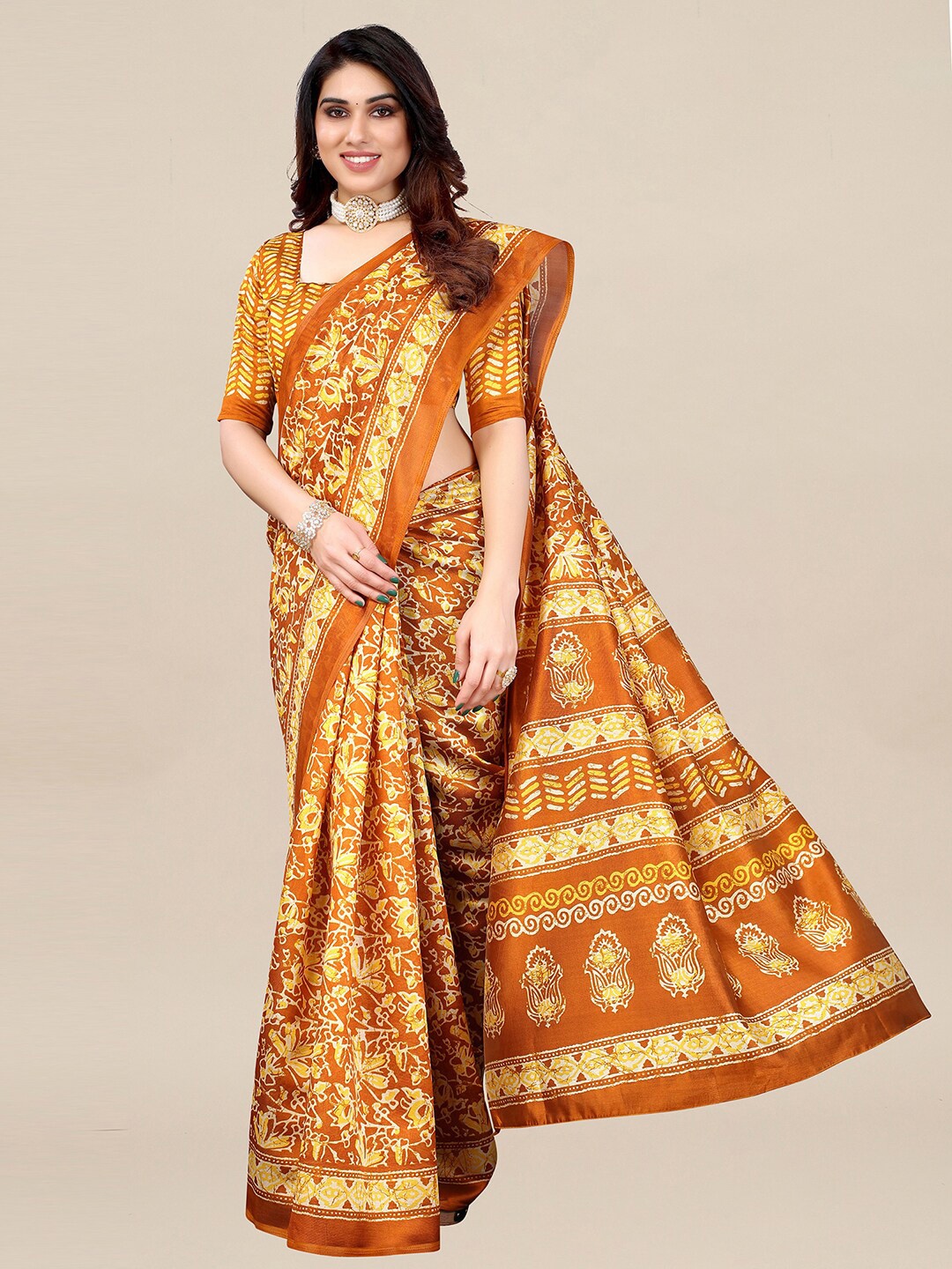 

KALINI Camel Brown & Yellow Ethnic Motifs Printed Art Silk Ikat Saree