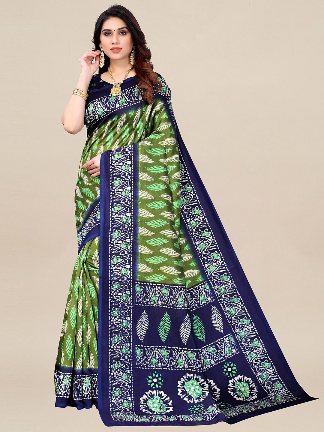 

KALINI Olive Green & Navy Blue Ethnic Motifs Art Silk Pochampally Saree