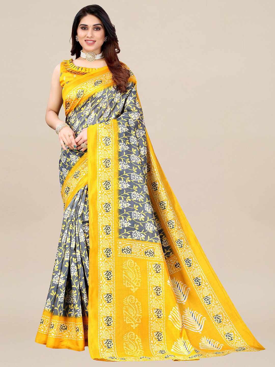 

KALINI Grey & Yellow Floral Art Silk Ikat Saree