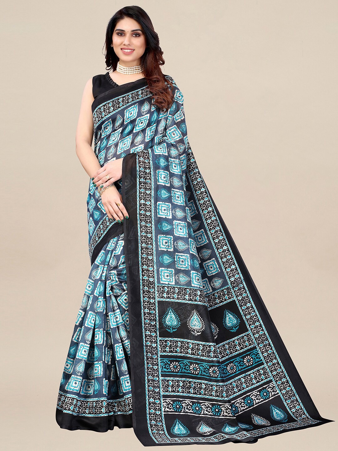 

KALINI Grey & Blue Ethnic Motifs Art Silk Pochampally Saree