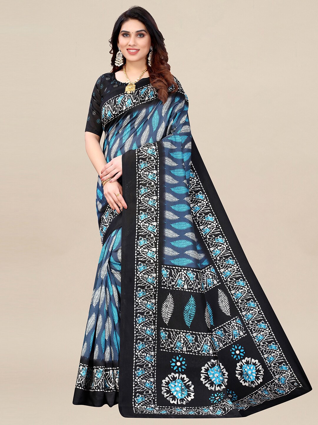 

KALINI Grey & Blue Ethnic Motifs Pochampally Art Silk Saree