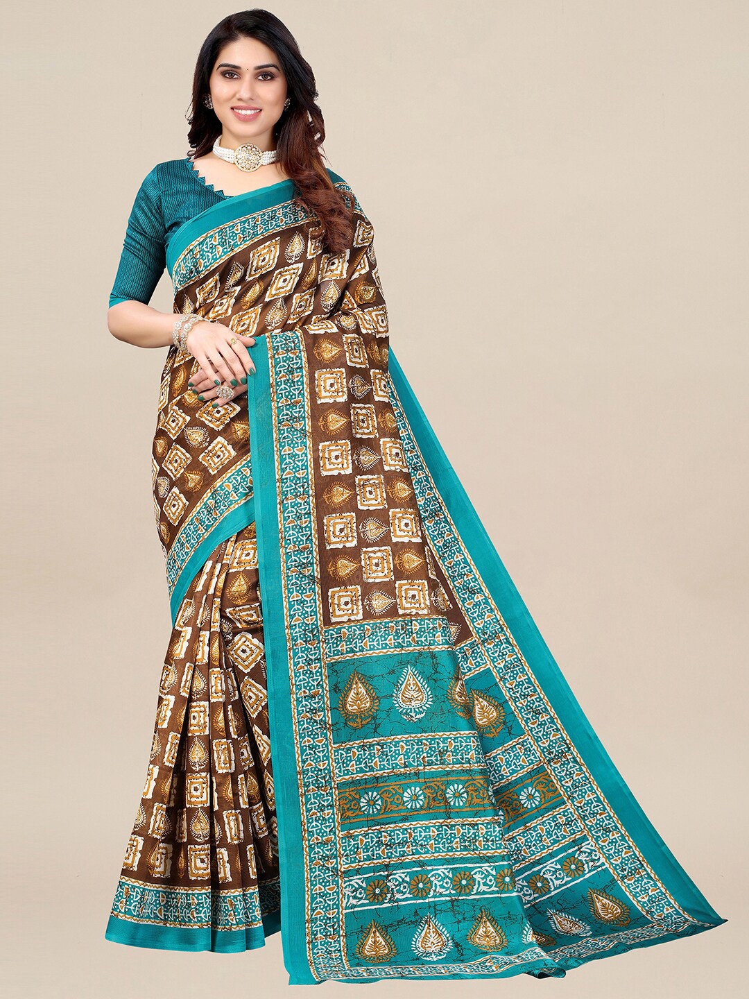 

KALINI Brown & Blue Art Silk Pochampally Saree