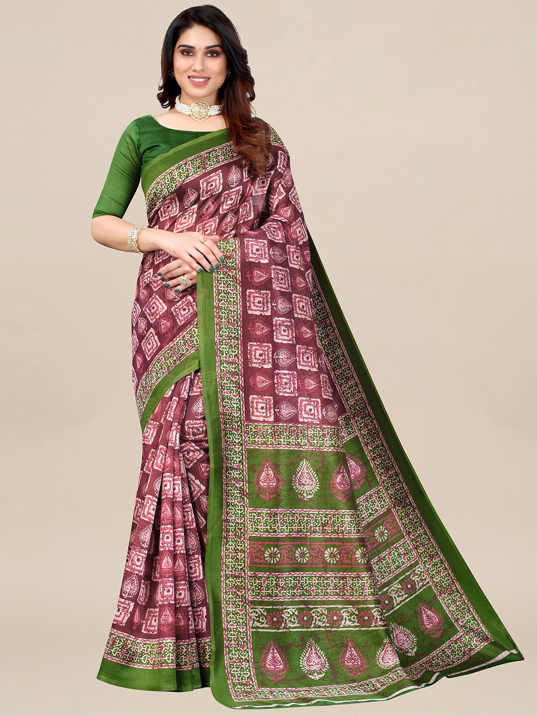 

KALINI Mauve & Green Ethnic Motifs Art Silk Pochampally Saree