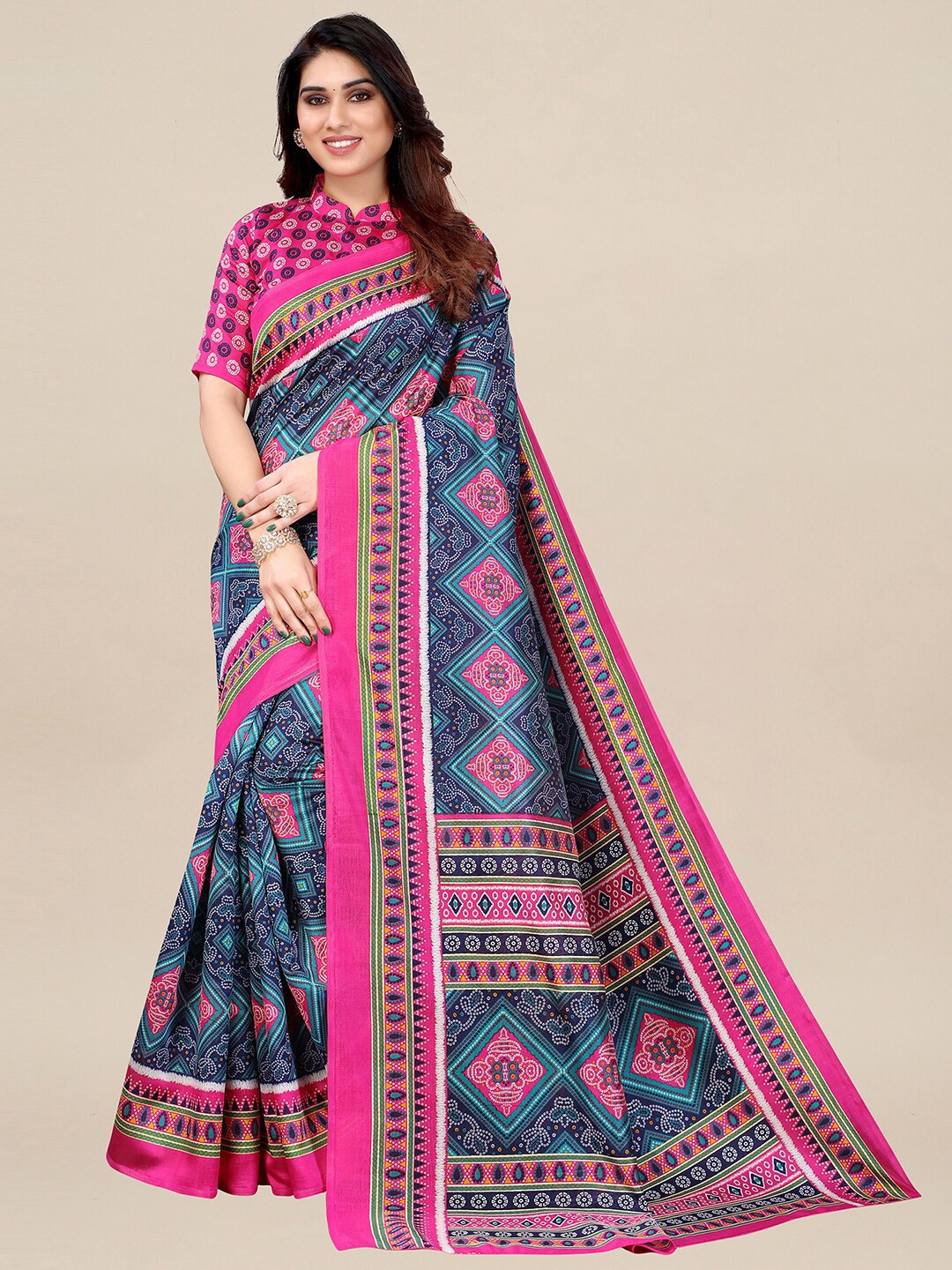 

KALINI Navy Blue & Pink Bandhani Printed Art Silk Saree